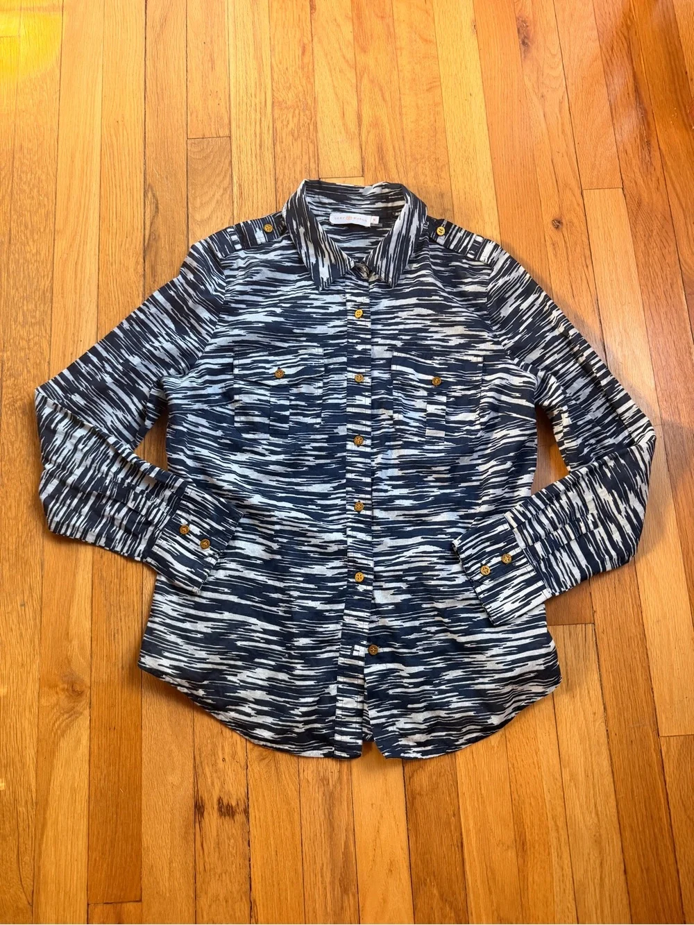 Tory Burch blue and white striped long sleeve button up
